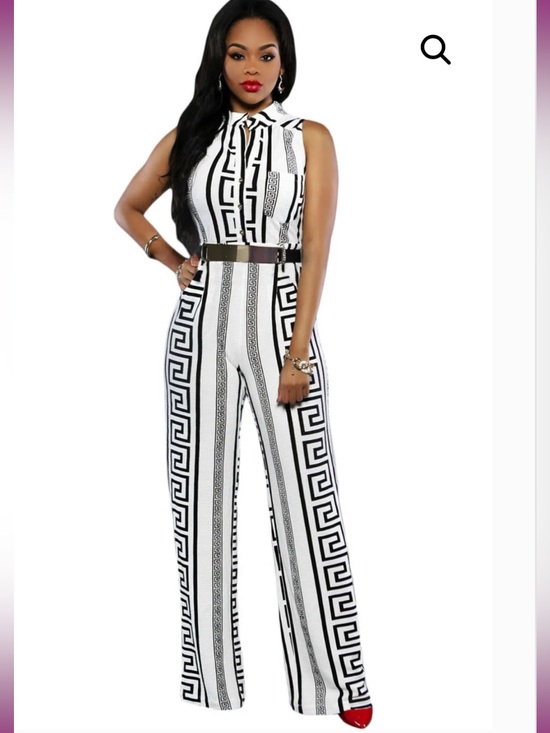 Amazon Pants - Sleeveless Black & White Geometric Wide-Leg Jumpsuit Stretchy XXXL